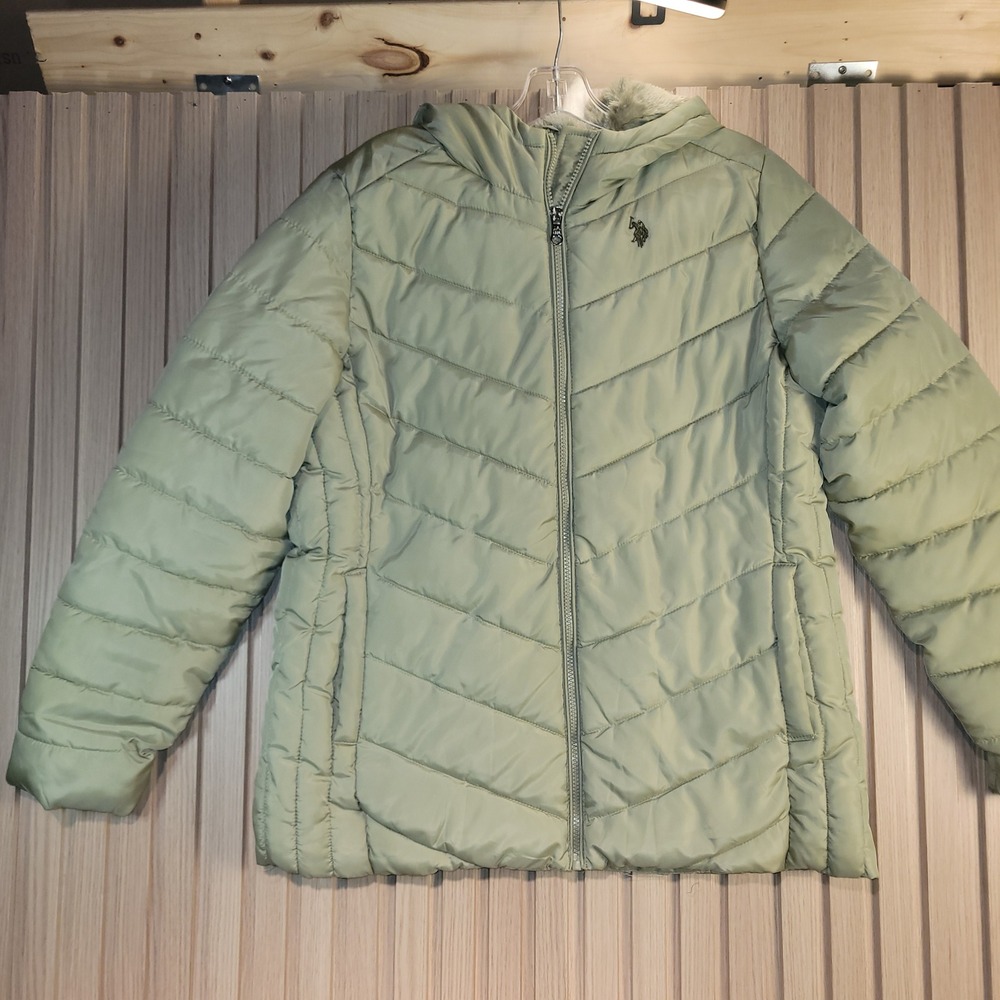 US Polo Assn Womens Sage Green Faux Fur Lined Puffer Jacket Hooded L 621071PT
